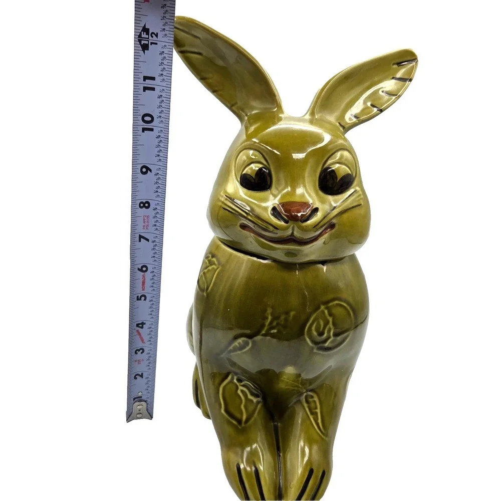 VINTAGE Olive Green Bunny Rabbit Shaped Cookie Jar‎ Doranne of California RETRO